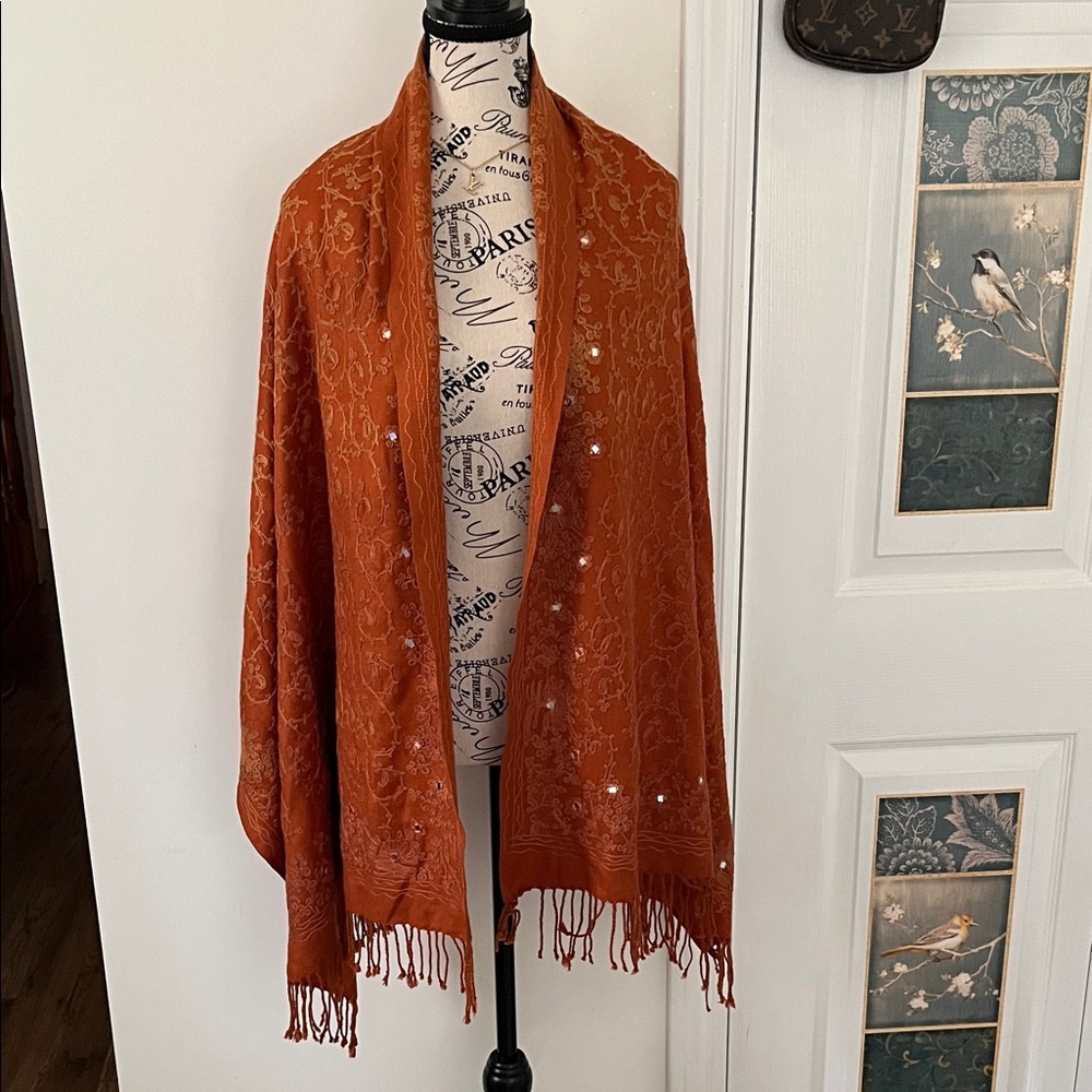 💗Rust Orange Lace Shawl with Fringe